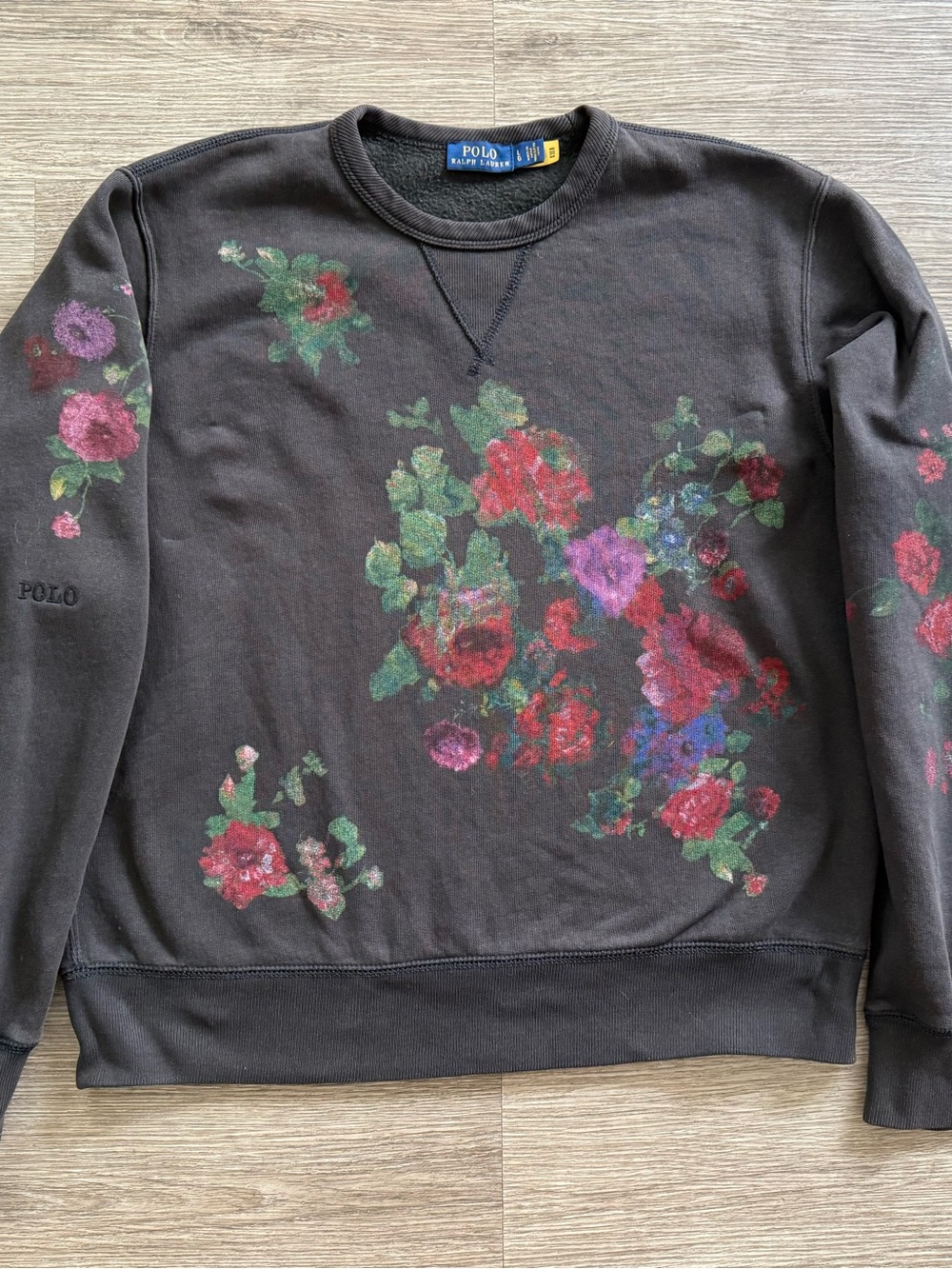 Polo by Ralph Lauren Black Crewneck Sweatshirt with Red & Green Floral Print